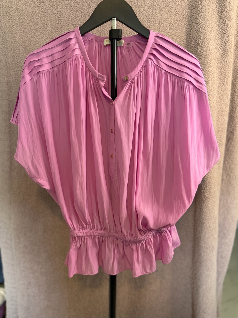 Ramy Brook Pink Pleated Shoulder Dolman Sleeve Peplum Blouse Size S